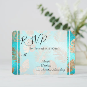 Turquoise Gold Tropical Leaves Wedding RSVP Enclosure Card