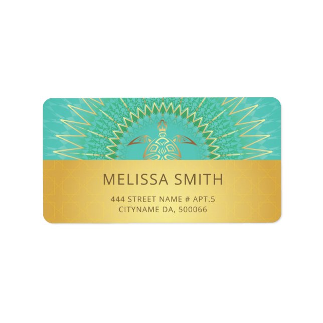 Turquoise Gold Turtle Animal Tribal Coastal Label (Front)