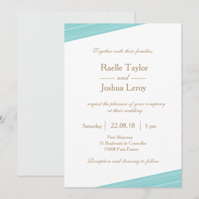 Turquoise gold white grey subtle stripes wedding invitation (Front/Back)
