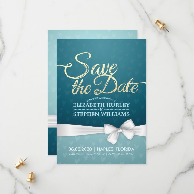 Turquoise Gold & White Ribbon Script Save The Date (Front/Back In Situ)
