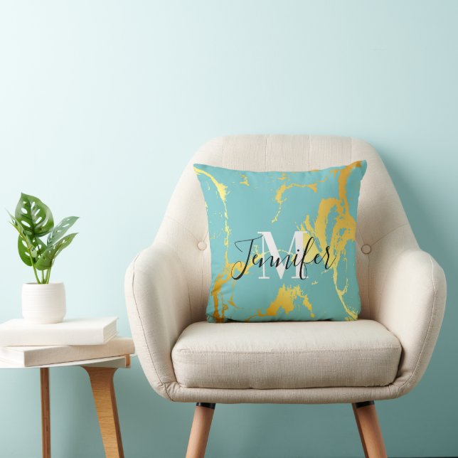 Turquoise Golden Foil Throw Pillow (Chair)