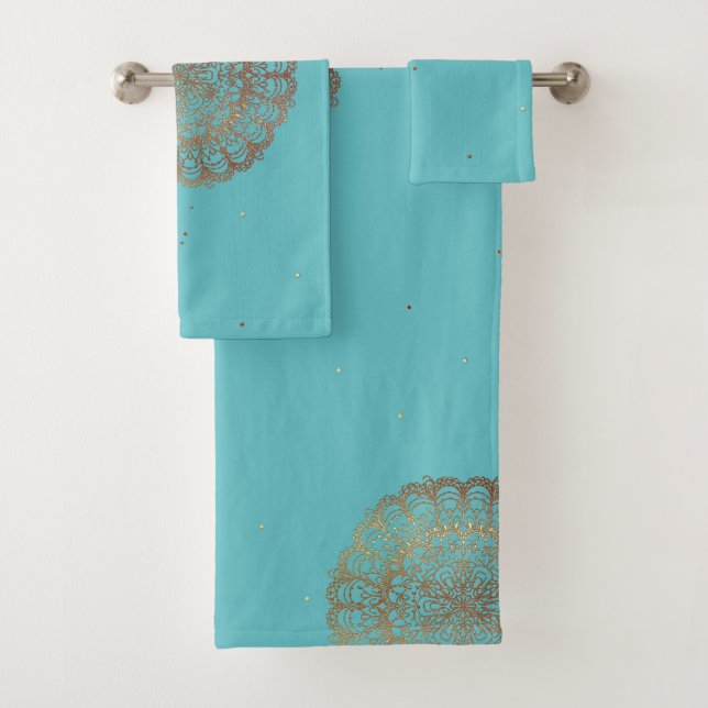 Turquoise Golden Mandala - Bath Towel Set (Insitu)