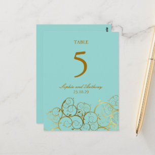 Turquoise & Golden Spirals Wedding Table Number Postcard