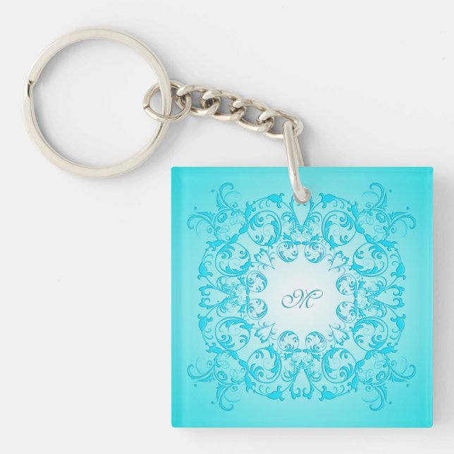 Turquoise gradient baroque texture. monogram keychain (Front)