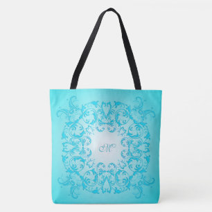 Turquoise gradient baroque texture. monogram tote bag