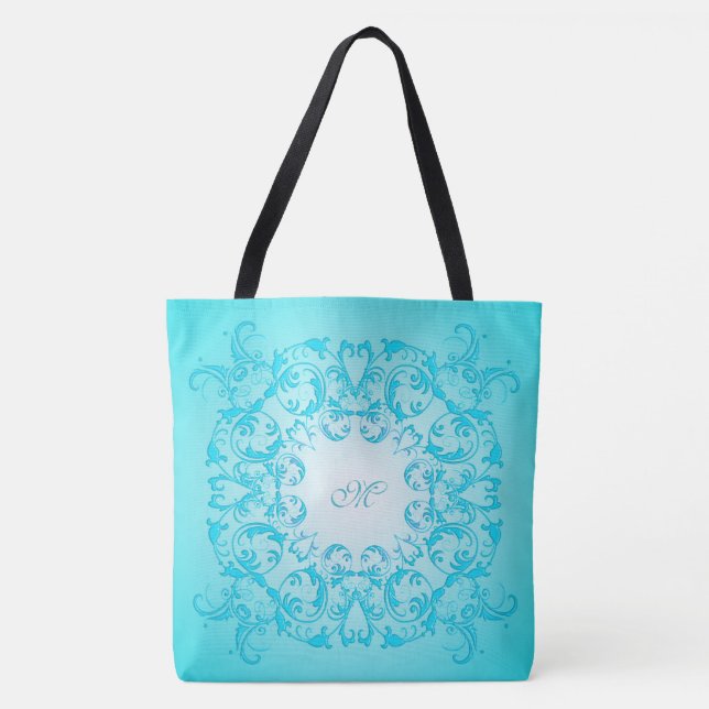 Turquoise gradient baroque texture. monogram tote bag (Front)