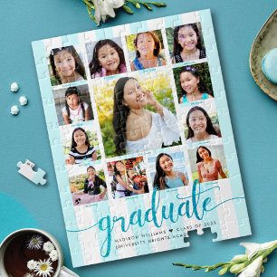 Turquoise Graduation K–12 Photo Collage Script Jigsaw Puzzle