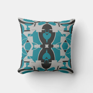 Turquoise Gray Black Mediterranean Mosaic Motif Throw Pillow