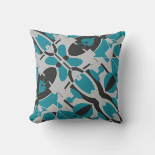 Turquoise Gray Black Mediterranean Slanted Mosaic Throw Pillow