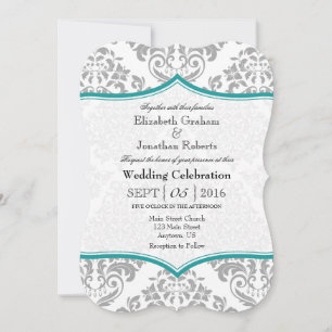 Turquoise Gray Damask Bracket Wedet Invitation