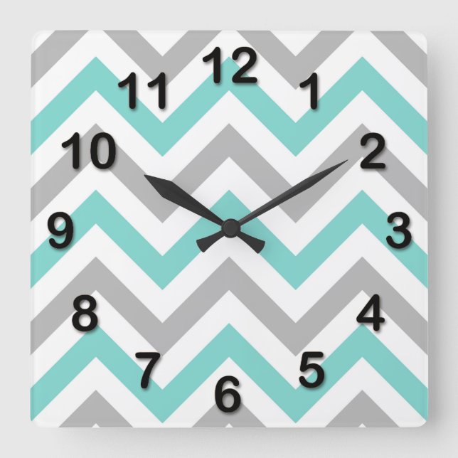 Turquoise, Gray, Wht Large Chevron ZigZag Pattern Square Wall Clock (Front)