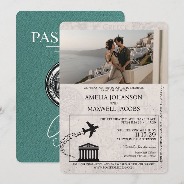 Turquoise Grèce Passeport Faire-part de mariage (Devant / Derrière)