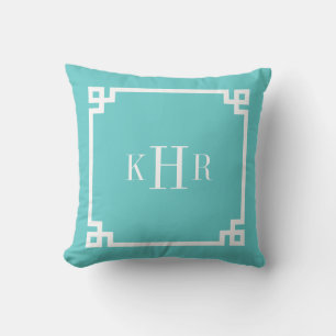 Turquoise Greek Key Border Custom Monogram Throw Pillow