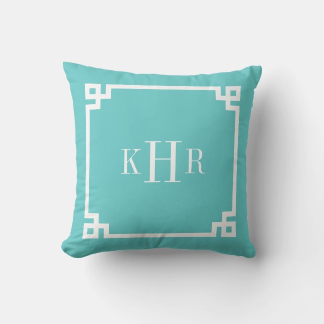 Turquoise Greek Key Border Custom Monogram Throw Pillow (Front)