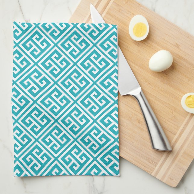 Turquoise Greek Key Pattern Kitchen Towel (Quarter Fold)