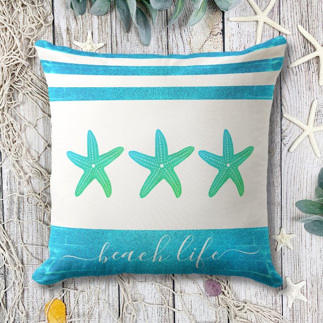Turquoise green 3 starfish beach life script bold throw pillow (Creator Uploaded)