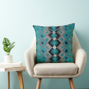 Turquoise, green and black geometric throw pillow
