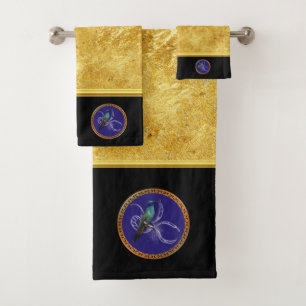 Turquoise green and blue with purple hummingbird bath towel set