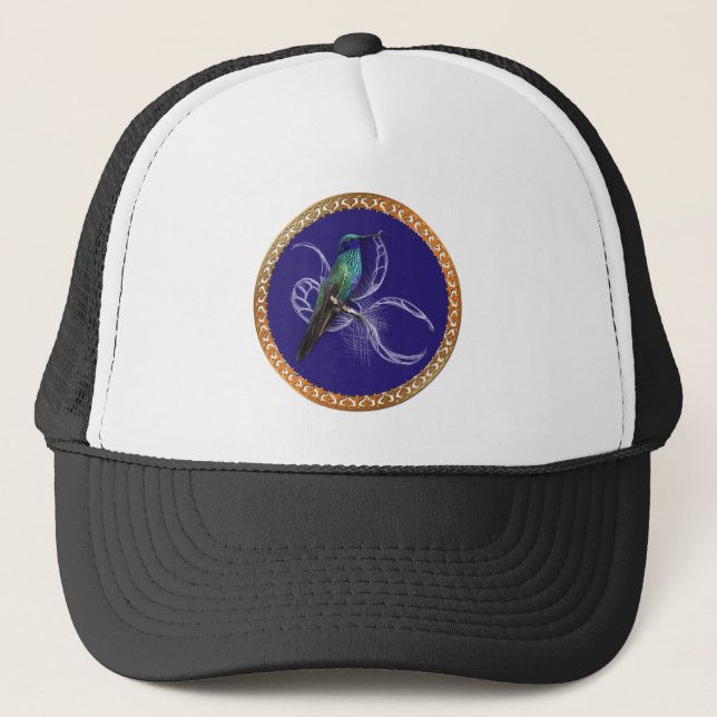Turquoise green and blue with purple hummingbird trucker hat (Front)