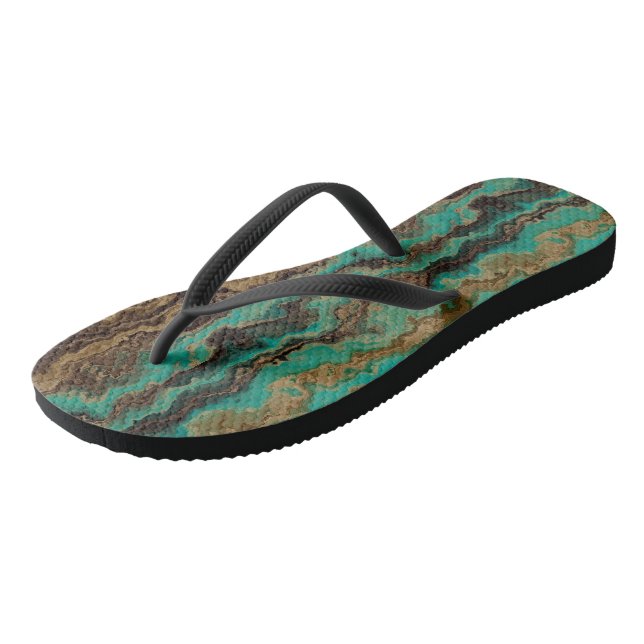 Turquoise green and brown Marble Abstract Flip Flops (Angled)