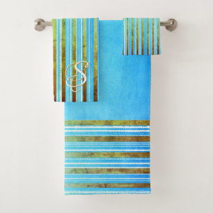 Turquoise, Green, and White Stripes Bath Towel Set