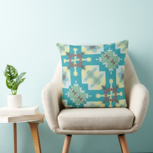 Turquoise, green and yellow abstract pattern throw pillow