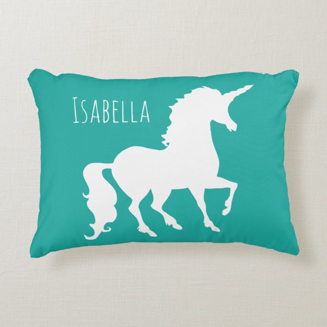 Turquoise Green Blue Unicorn Silhouette Girly Kids Accent Pillow (Front)