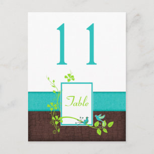 Turquoise Green Brown Birds Table Number Card