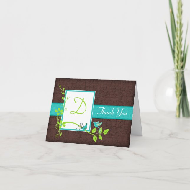 Turquoise Green Brown Floral Birds Carte de remerc (Devant)