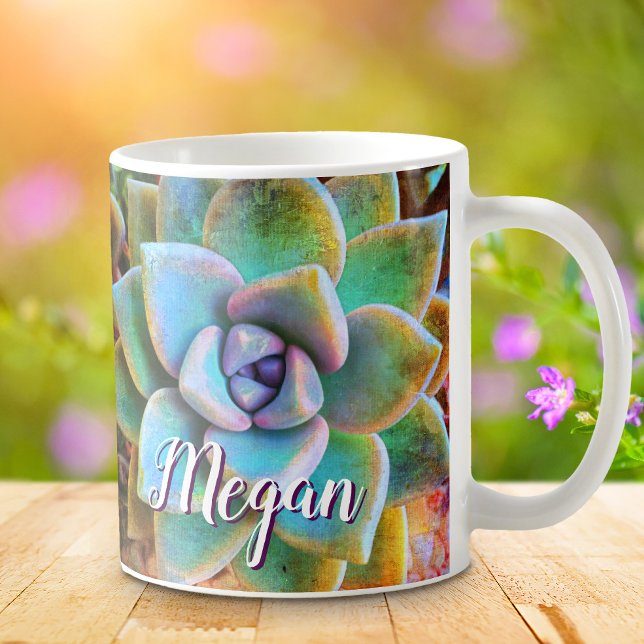 Turquoise green cactus photo monogram name script coffee mug (Creator Uploaded)