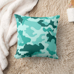 Turquoise Green Camo Throw Pillow