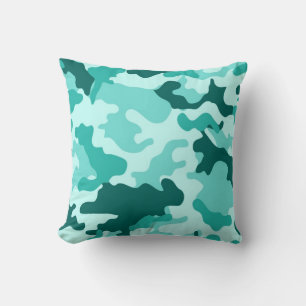 Turquoise Green Camo Throw Pillow