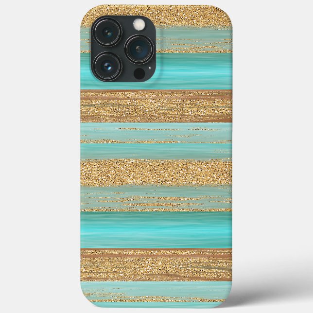 Turquoise Green Faux Gold Glitter Stripes Art Case-Mate iPhone Case (Back)