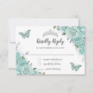 Turquoise Green Floral 15 Quinceañera Butterflies RSVP Card