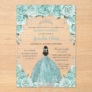 Turquoise Green Floral Princess Silver Quinceañera Acrylic Invitations