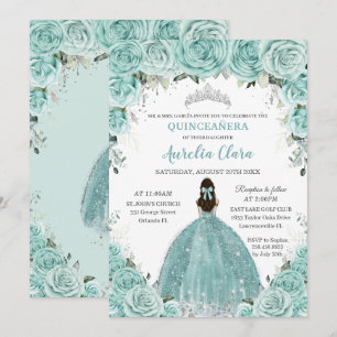 Turquoise Green Floral Princess Silver Quinceañera Invitation