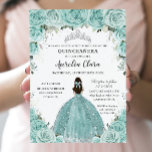 Turquoise Green Floral Princess Silver Quinceañera Invitation<br><div class="desc">This chic Quinceañera invitation features a quince girl dressed in a glittery turquoise green dress and pretty watercolor turquoise floral. Personalize it with your details easily and quickly, simply press the customise it button to further re-arrange and format the style and placement of the text. Also great for Sweet 16,...</div>