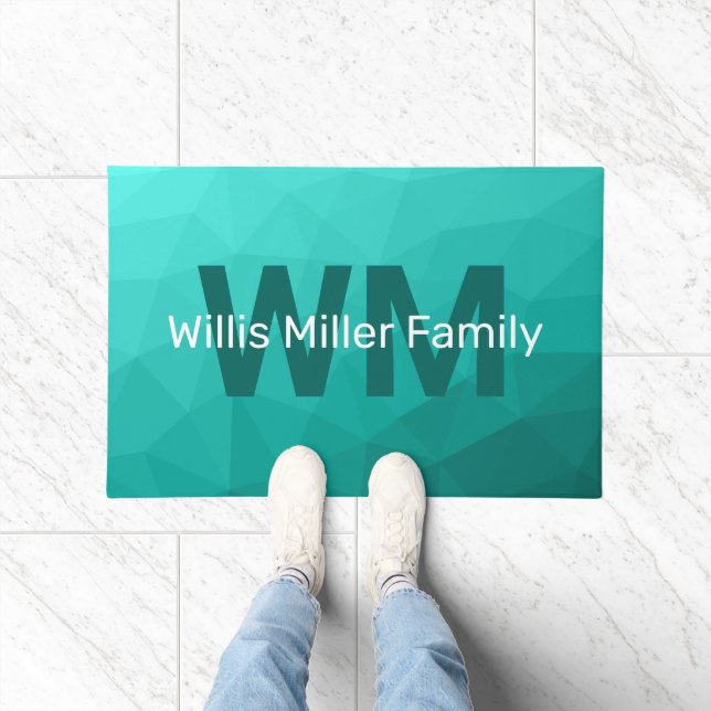 Turquoise green geometric mesh pattern Monogram Doormat (Indoor)