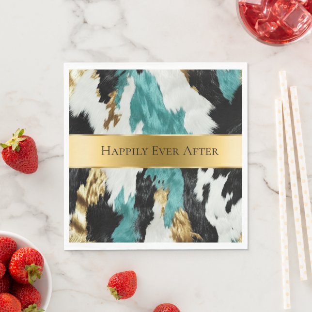 Turquoise Green Gold Black Cowhide Wedding Napkin (Insitu)