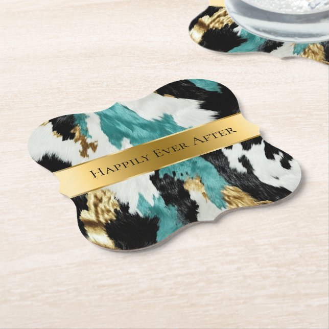 Turquoise Green Gold Black Cowhide Wedding Paper Coaster (Angled)