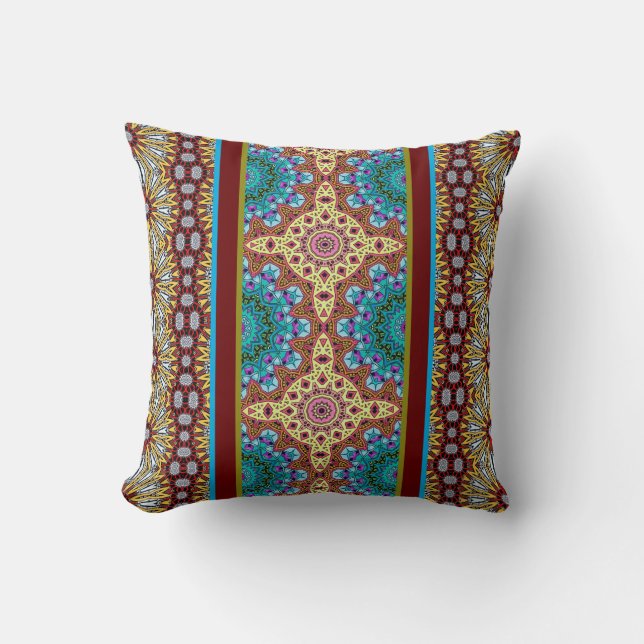Turquoise Green Gold Rust Boho Throw Pillow (Front)