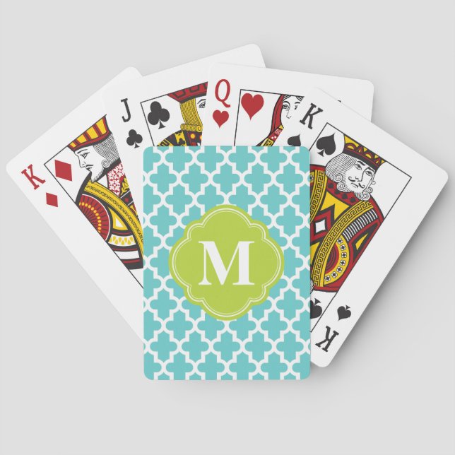 Turquoise & Green Modern Moroccan Custom Monogram Playing Cards (Back)