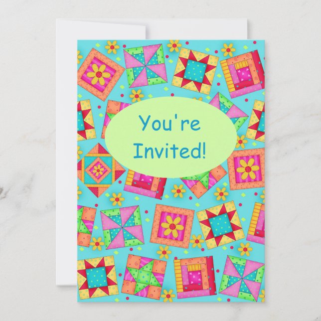 Turquoise Green Patchwork Quilt Block Art Invitation (Front)