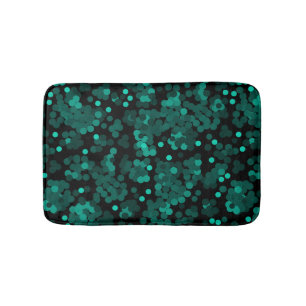 Turquoise green polka dot pattern on black bath mat