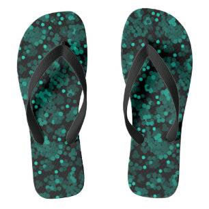 Turquoise green polka dot pattern on black flip flops