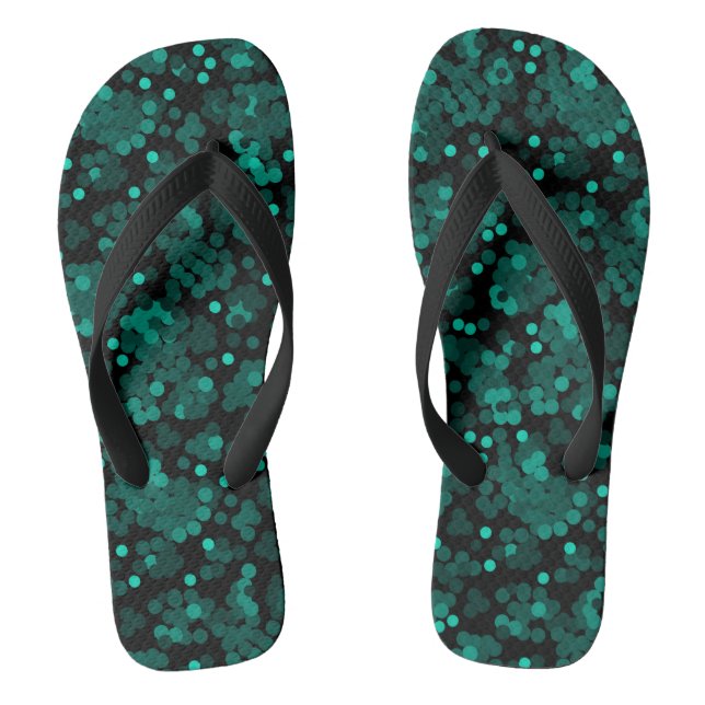 Turquoise green polka dot pattern on black flip flops (Footbed)