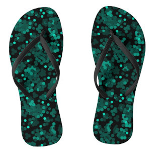 Turquoise green polka dot pattern on black flip flops