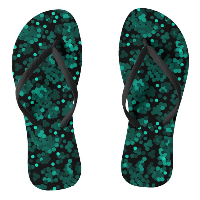 Turquoise green polka dot pattern on black flip flops (Footbed)