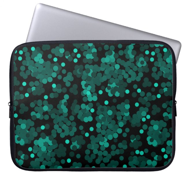 Turquoise green polka dot pattern on black laptop sleeve (Front)