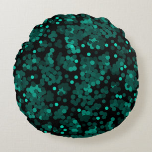 Turquoise green polka dot pattern on black round pillow